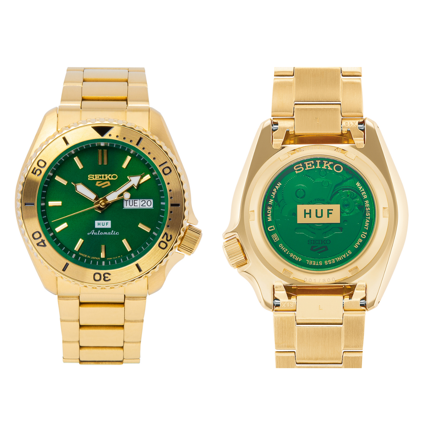 Seiko 5 Sports HUF Limited Edition Green Dial Gold Steel Strap Watch For Men - SRPJ20