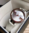  Shop Authentic Gucci Interlocking 18K Gold Silver Dial White Leather Strap Watch For Women - YA133303 - Luxxuri