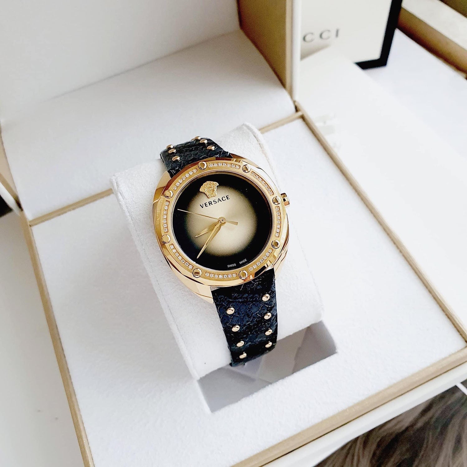  Shop Authentic Versace Shadov Quartz Gold Dial Black Leather Strap Watch for Women - VEBM01118 - Luxxuri