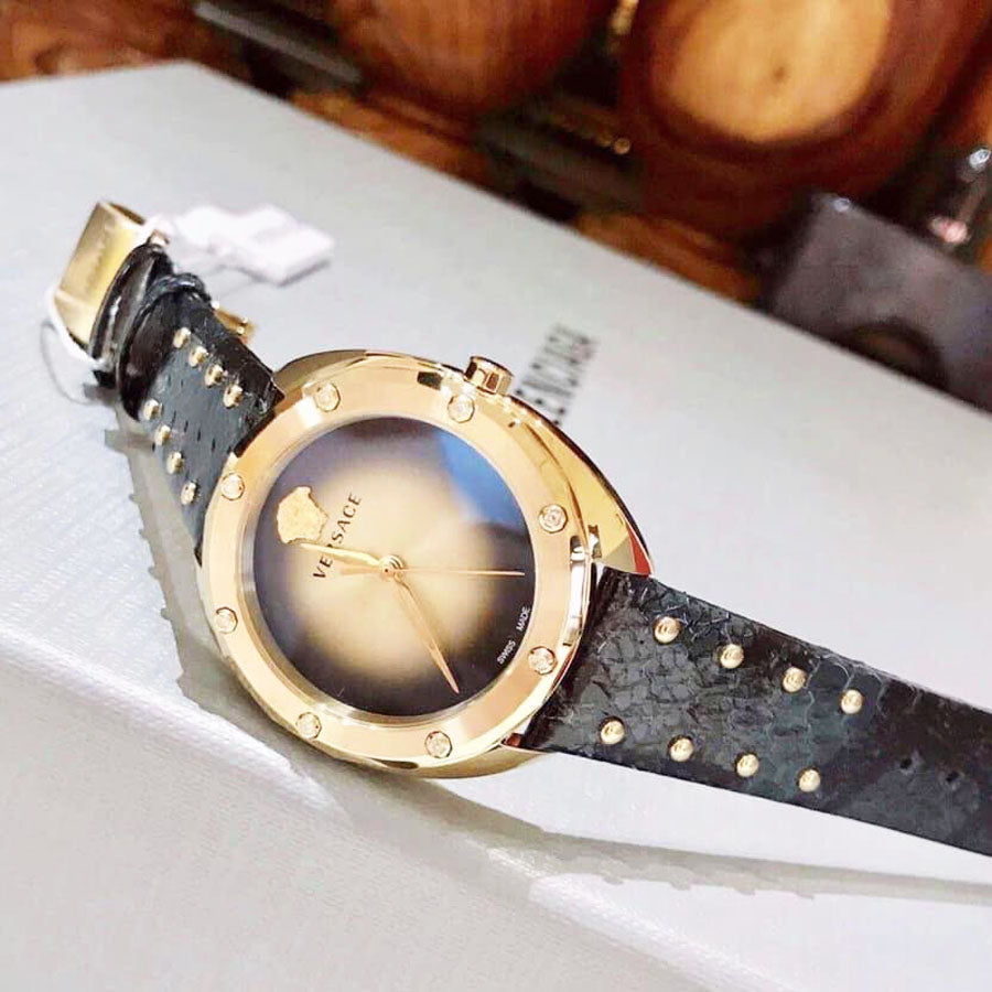  Shop Authentic Versace Shadov Gold Dial Green Leather Strap Watch For Women - VEBM01018 - Luxxuri