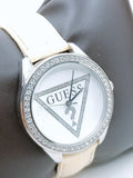  Shop Authentic Guess Mini Triangle Quartz Diamonds Silver Dial White Leather Strap Watch For Women - W65006L1 - Luxxuri