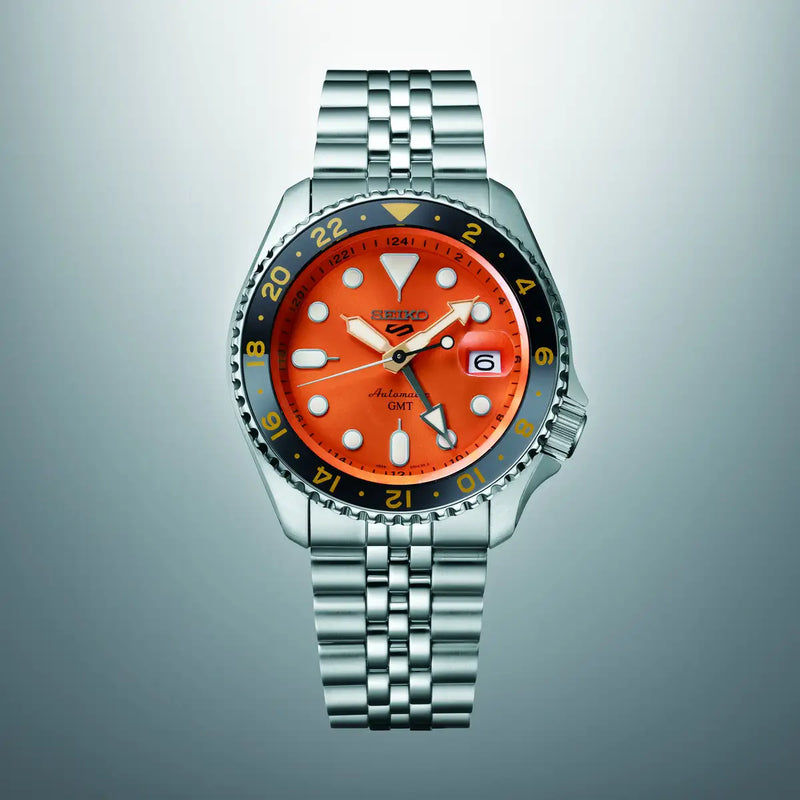  Shop Authentic Seiko 5 Sports GMT Automatic Orange Dial Silver Steel Strap Watch For Men - SSK005K1 - Luxxuri