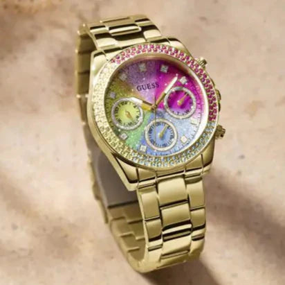 Guess Confetti Chronograph Rainbow Dial Gold Steel Strap Watch For Women  - GW0483L4