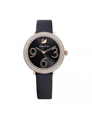  Shop Authentic Swarovski Crystal Frost Black Dial Black Leather Strap Watch for Women - 5484058 - Luxxuri