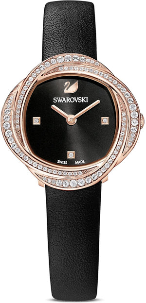  Shop Authentic Swarovski Crystal Flower Black Dial Black Leather Strap Watch for Women - 5552421 - Luxxuri