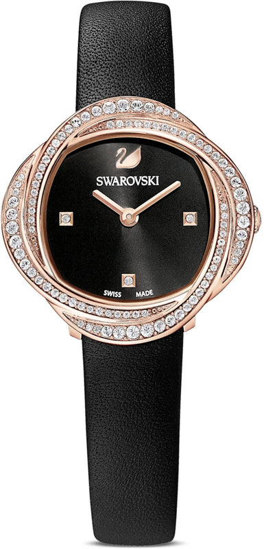  Shop Authentic Swarovski Crystal Flower Black Dial Black Leather Strap Watch for Women - 5552421 - Luxxuri