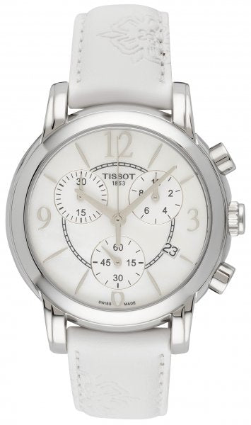  Shop Authentic Tissot Dressport Chronograph Mother of Pearl Dial White Leather Strap Watch for Women - T050.217.17.117.00 - Luxxuri
