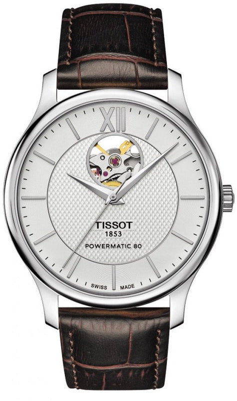  Shop Authentic Tissot T Classic Tradition Powermatic 80 Open Heart Silver Dial Brown Leather Strap Watch for Men - T063.907.16.038.00 - Luxxuri