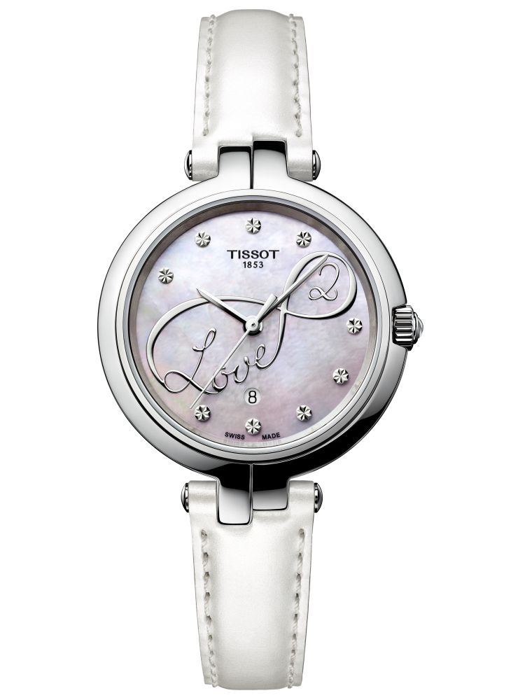 Tissot T Trend Flamingo Valentines Mother of Pearl White Dial White Leather Strap Watch For Women - T094.210.16.111.01