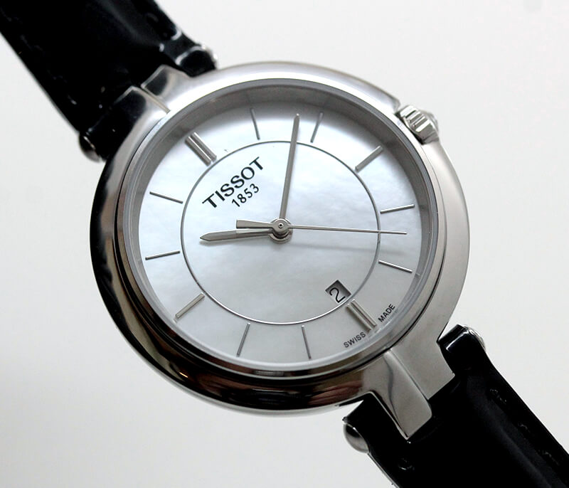 Tissot T Lady Flamingo Mother of Pearl White Dial Black Leather Strap Watch for Women - T094.210.16.111.00