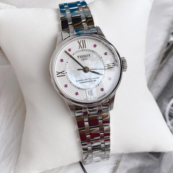  Shop Authentic Tissot Chemin Des Tourelles Powermatic 80 Rubies Mother of Pearl Dial Silver Steel Strap Watch For Women - T099.207.11.113.00 - Luxxuri