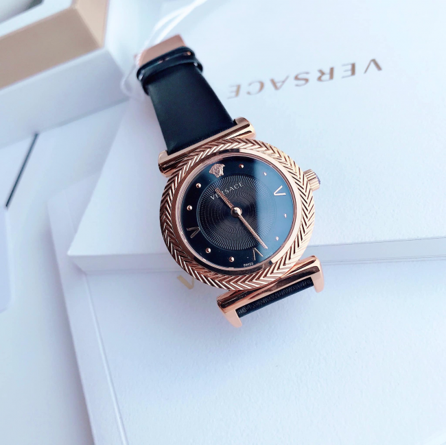  Shop Authentic Versace V-Motif Vintage Logo Black Dial Black Leather Strap Watch for Women - VERE00818 - Luxxuri