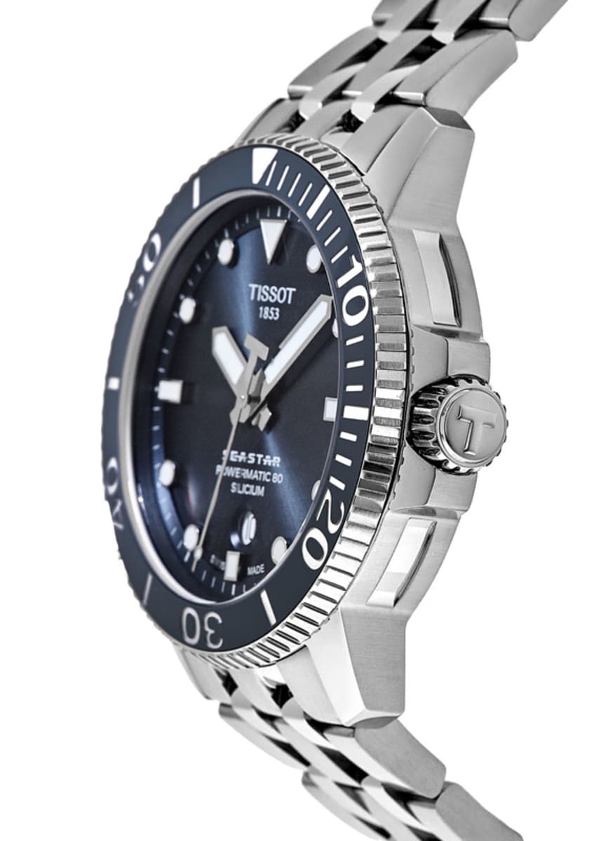 Tissot T Sport Seastar 1000 Powermatic Silicium Blue Dial Silver Steel Strap Watch For Men - T120.407.11.041.01