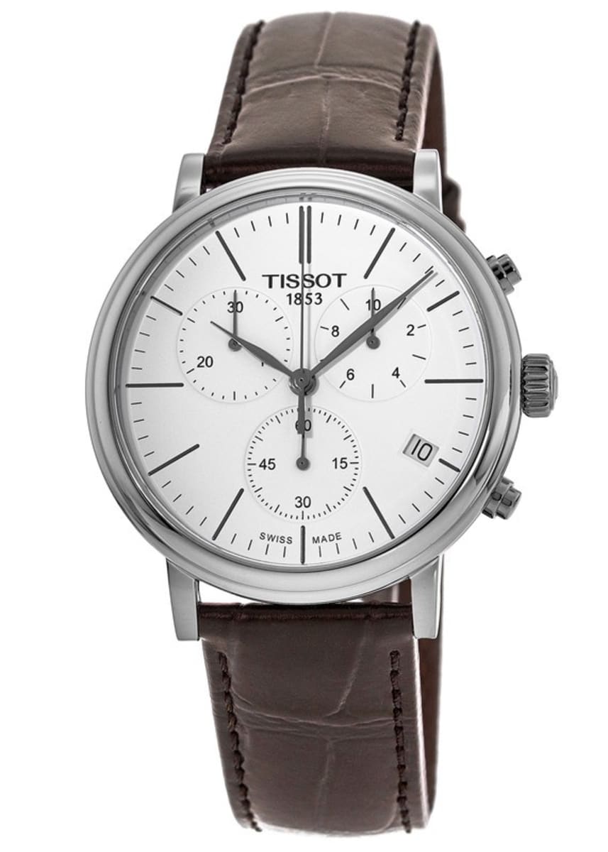 Tissot Carson Premium Chronograph White Dial Brown Leather Strap Watch For Men - T122.417.16.011.00