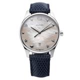  Shop Authentic Gucci G-Timeless Signature Mother of Pearl Silver Dial Blue Leather Strap Watch For Women - YA1264049 - Luxxuri