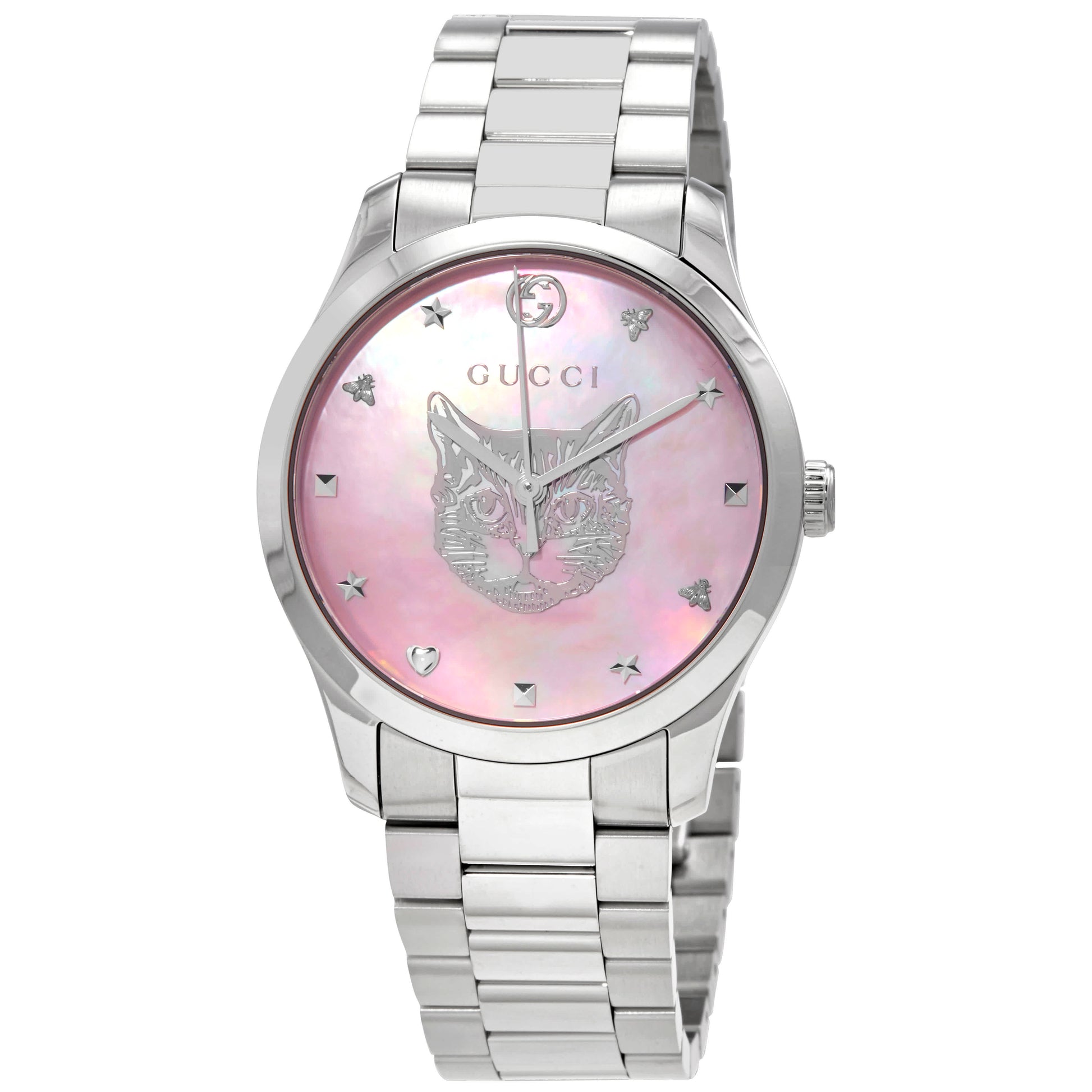  Shop Authentic Gucci G Timeless Quartz Mother of Pearl Pink Dial Silver Steel Strap Watch for Women - YA1264166 - Luxxuri