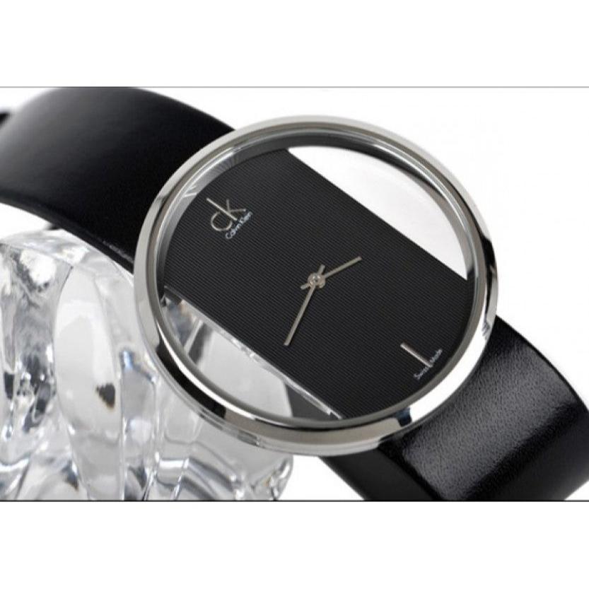  Shop Authentic Calvin Klein Glam Transparent Dial Black Leather Strap Watch for Women - K9423107 - Luxxuri