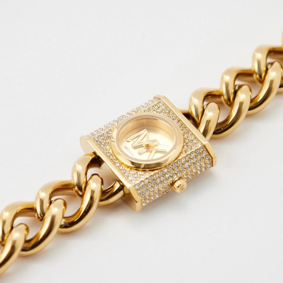  Shop Authentic Michael Kors Chain Lock Pave Gold Dial Gold Steel Strap Watch For Women - MK4711 - Luxxuri