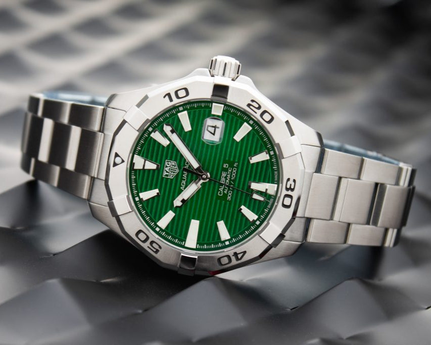  Shop Authentic Tag Heuer Aquaracer Calibre 5 Automatic Green Dial Silver Steel Strap Watch for Men - WAY2015.BA0927 - Luxxuri
