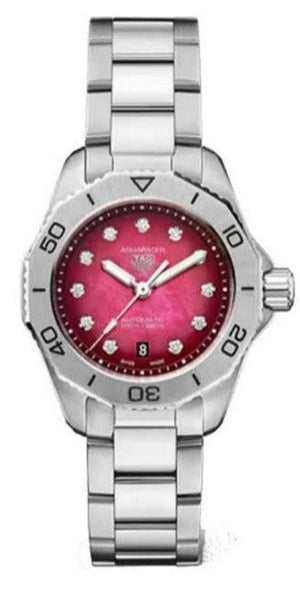  Shop Authentic Tag Heuer Aquaracer Professional 200 Automatic Diamond Ruby Red Dial Silver Steel Strap Watch for Women - WBP2414.BA0622 - Luxxuri
