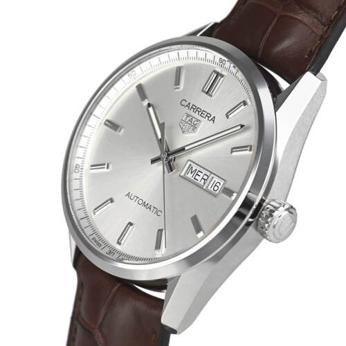 Tag Heuer Carrera Day Date Silver Dial Brown Leather Strap Watch for Men - WBN2011.FC6484