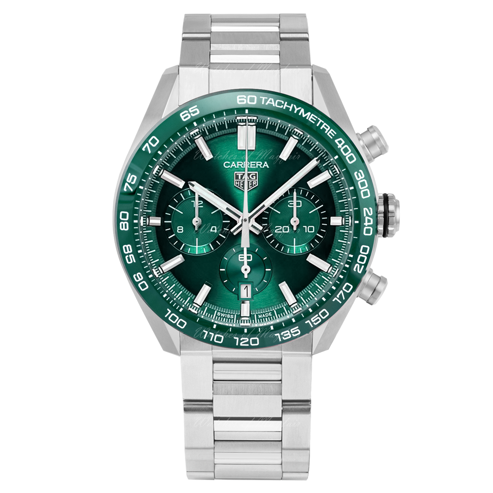  Shop Authentic Tag Heuer Carrera Chronograph 44mm Green Dial Silver Steel Strap Watch for Men - CBN2A1N.BA0643 - Luxxuri