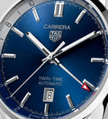  Shop Authentic Tag Heuer Carrera Twin Time Blue Dial Silver Steel Strap Watch for Men - WBN201A.BA0640 - Luxxuri