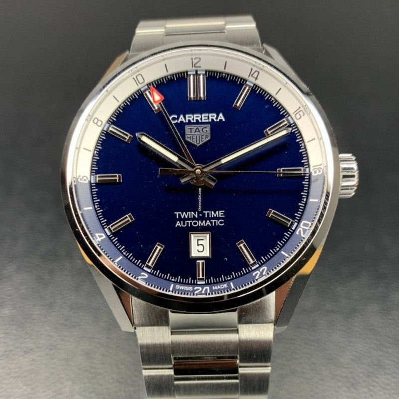  Shop Authentic Tag Heuer Carrera Twin Time Blue Dial Silver Steel Strap Watch for Men - WBN201A.BA0640 - Luxxuri