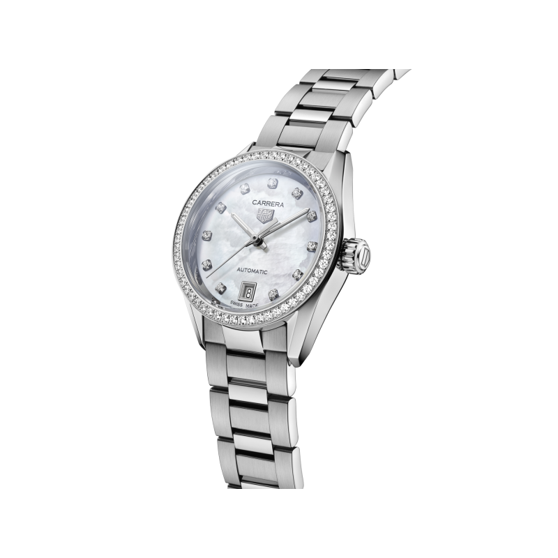  Shop Authentic Tag Heuer Carrera Date Diamonds Mother of Pearl Dial Silver Steel Strap Watch for Women - WBN2414.BA0621 - Luxxuri