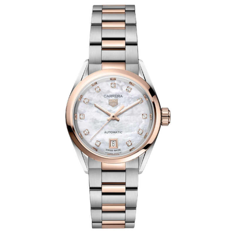  Shop Authentic Tag Heuer Carrera Date Automatic Mother of Pearl Dial Two Tone Steel Strap Watch for Women - WBN2450.BD0569 - Luxxuri