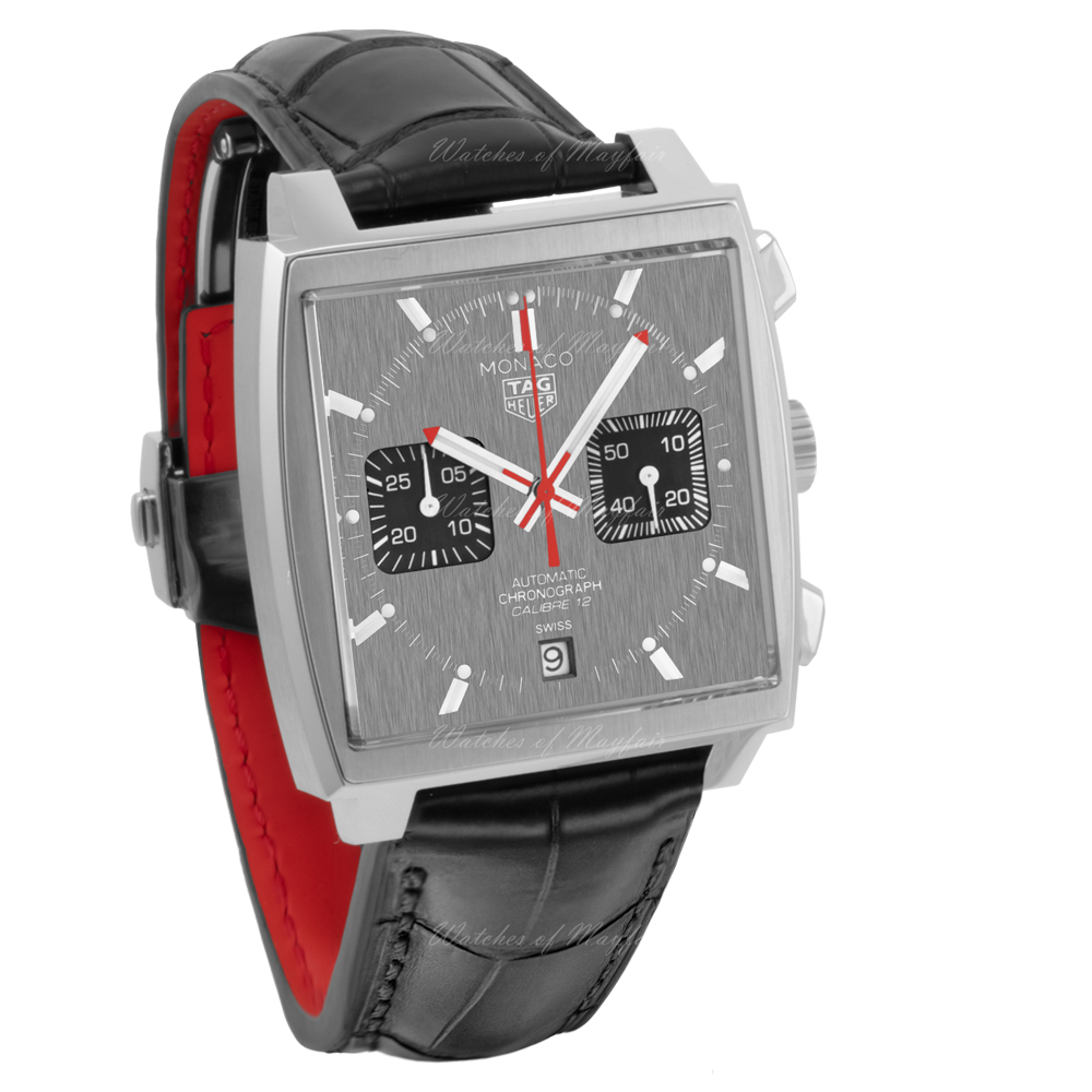 Tag Heuer Monaco Calibre 12 Final Edition Chronograph Grey Dial Black Leather Strap Watch for Men - CAW211J.FC6476