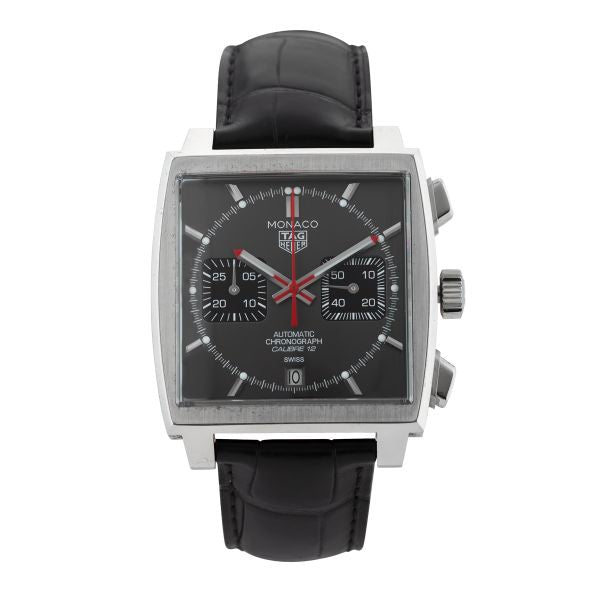 Tag Heuer Monaco Calibre 12 Final Edition Chronograph Grey Dial Black Leather Strap Watch for Men - CAW211J.FC6476