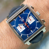 Shop Authentic Tag Heuer Monaco Automatic Chronograph Blue Dial Blue Leather Strap Watch for Men - CBL2111.FC6453 - Luxxuri