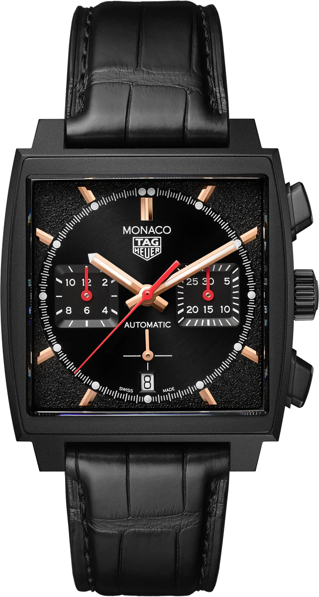 Tag Heuer Monaco Automatic Chronograph Black Dial Black Leather Strap Watch for Men - CBL2180.FC6497