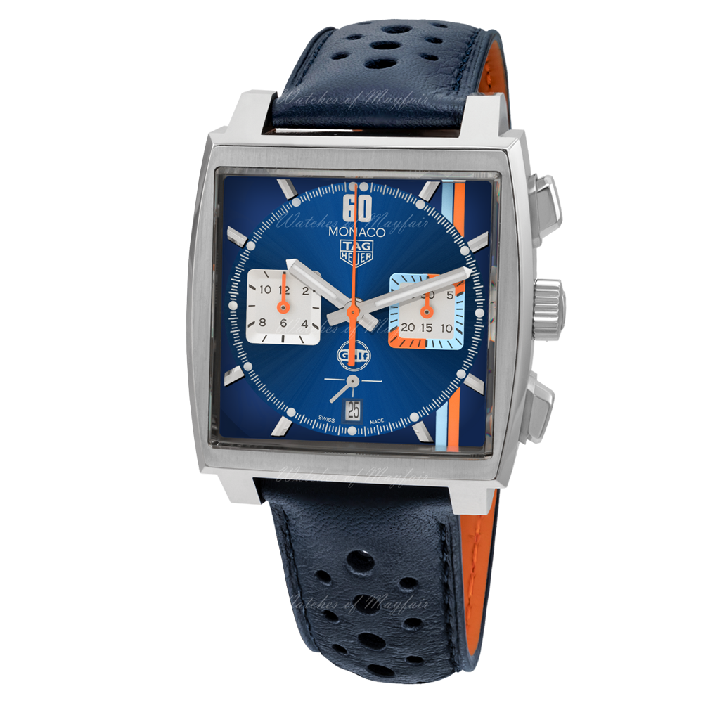  Shop Authentic Tag Heuer Monaco Gulf Automatic Chronograph Blue Dial Blue Leather Strap Watch for Men - CBL2115.FC6494 - Luxxuri