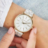  Shop Authentic Michael Kors Pyper Quartz Silver Dial White Leather Strap Watch For Women - MK2858 - Luxxuri