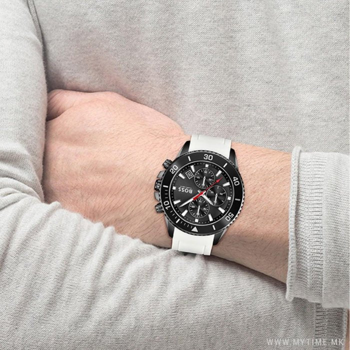  Shop Authentic Hugo Boss Admiral Chronograph Black Dial White Rubber Strap Watch for Men - 1513966 - Luxxuri