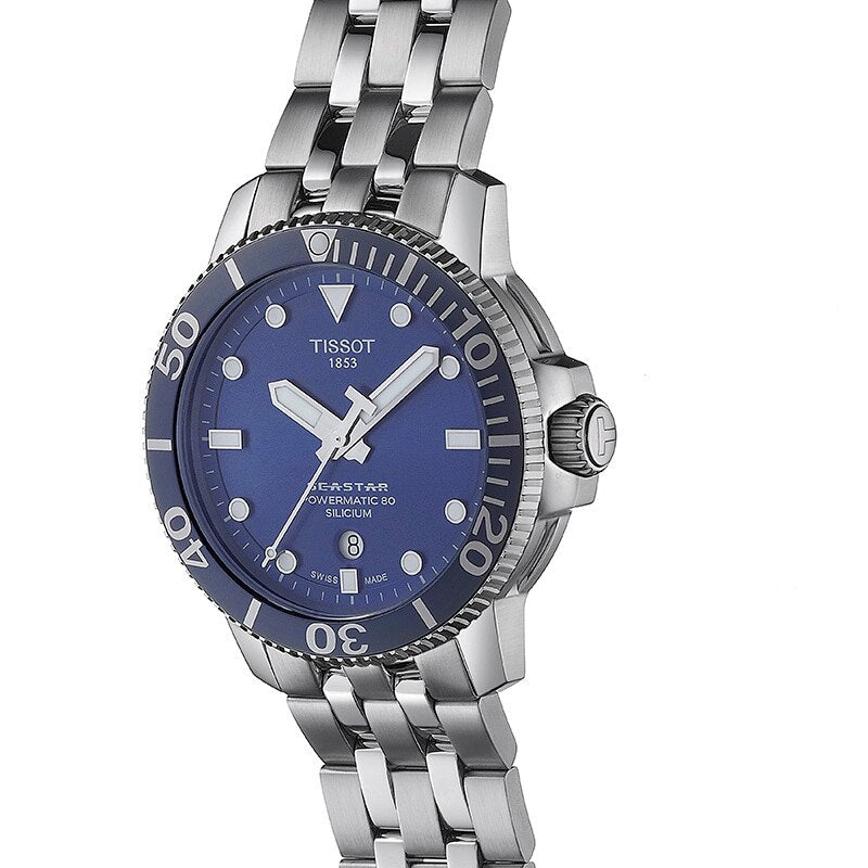 Tissot T Sport Seastar 1000 Powermatic Silicium Blue Dial Silver Steel Strap Watch For Men - T120.407.11.041.01