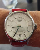  Shop Authentic Tissot Chemin Des Tourelles Automatic Mother of Pearl White Dial Red Leather Strap Watch For Women - T099.207.16.118.00 - Luxxuri