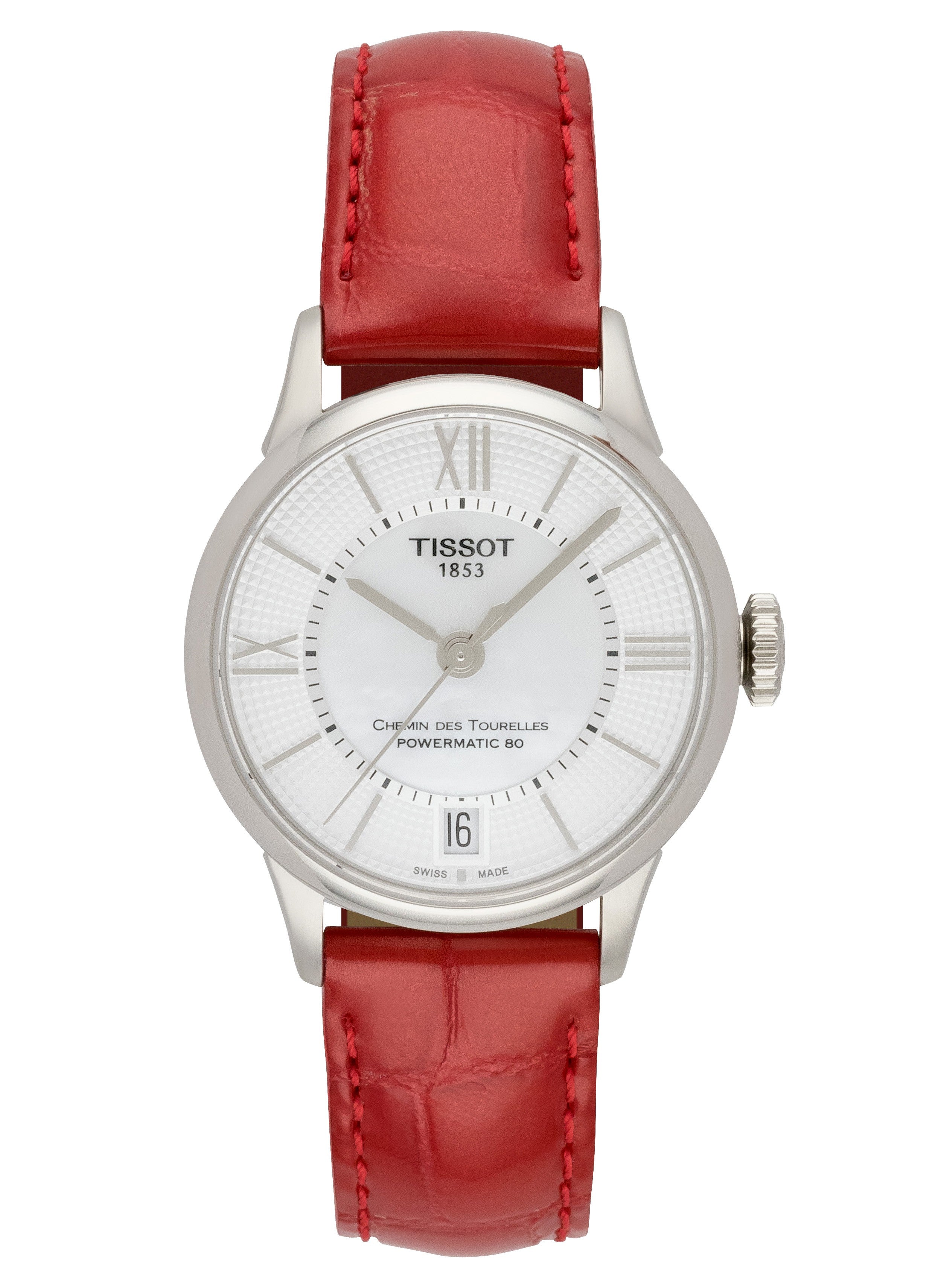 Tissot Chemin Des Tourelles Automatic Mother of Pearl White Dial Red Leather Strap Watch For Women - T099.207.16.118.00