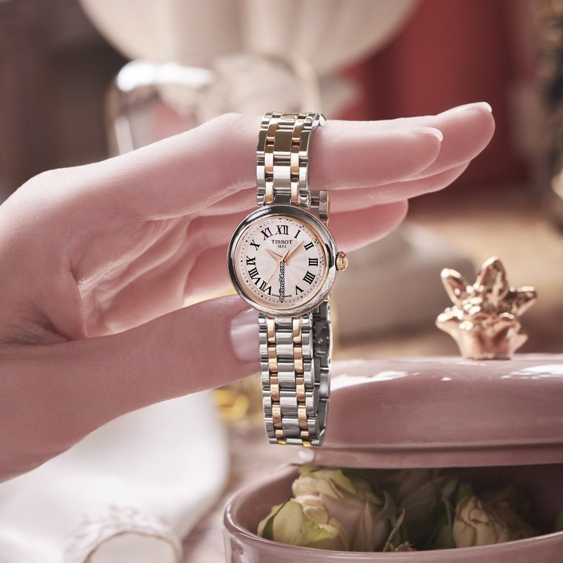  Shop Authentic Tissot Bellissima Lady Small Mother of Pearl Dial Two Tone Steel Strap Watch For Women - T126.010.22.013.01 - Luxxuri