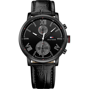  Shop Authentic Tommy Hilfiger Aden Chronograph Black Dial Black Leather Strap Watch for Men - 1791310 - Luxxuri