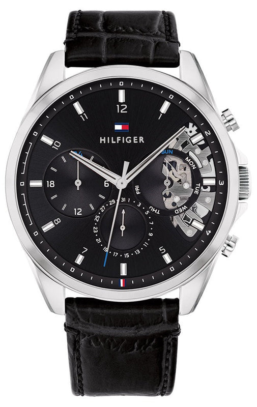  Shop Authentic Tommy Hilfiger Baker Chronograph Black Dial Black Leather Strap Watch For Men - 1710449 - Luxxuri