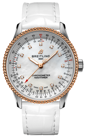  Shop Authentic Breitling Navitimer Automatic 35 Mother of Pearl Dial White Leather Strap Watch for Women - U17395211A1P3 - Luxxuri