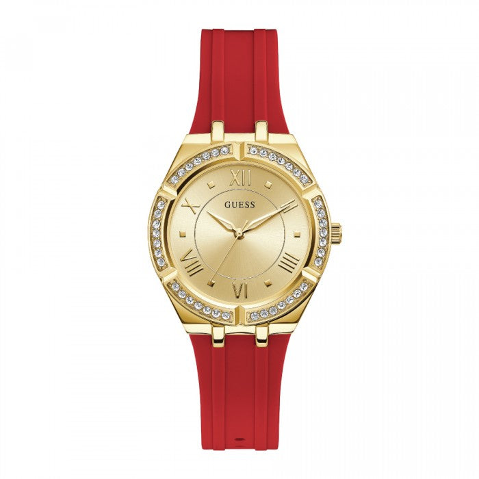  Shop Authentic Guess Cosmo Diamonds Gold Dial Red Rubber Strap Watch for Women - GW0034L6 - Luxxuri
