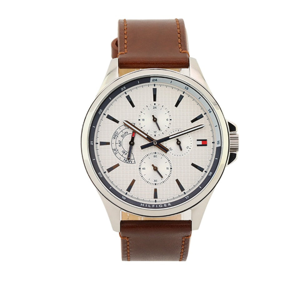  Shop Authentic Tommy Hilfiger Multi Function Quartz White Dial Brown Leather Strap Watch for Men - 1791614 - Luxxuri