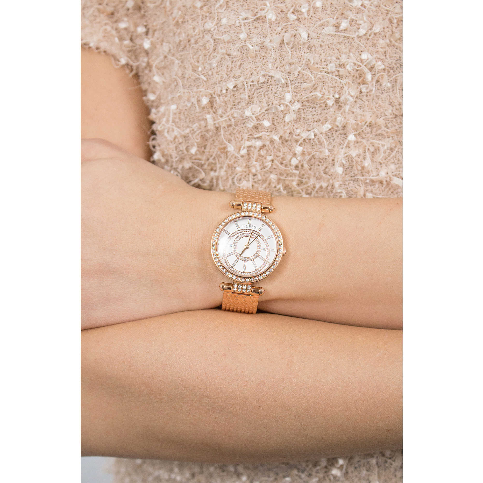 Guess Muse Quartz Silver Dial Rose Gold Steel Strap Watch For Women - W1008L3