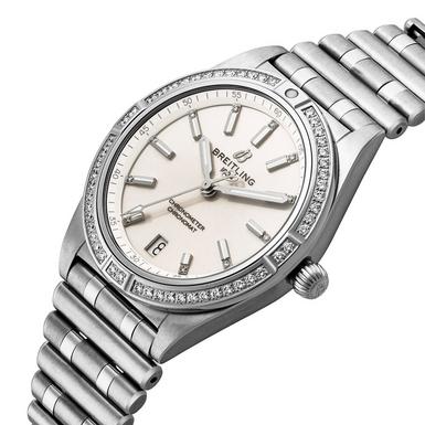  Shop Authentic Breitling Chronomat Automatic 36 Diamonds White Dial Silver Steel Strap Watch for Women - A10380591A1A1 - Luxxuri