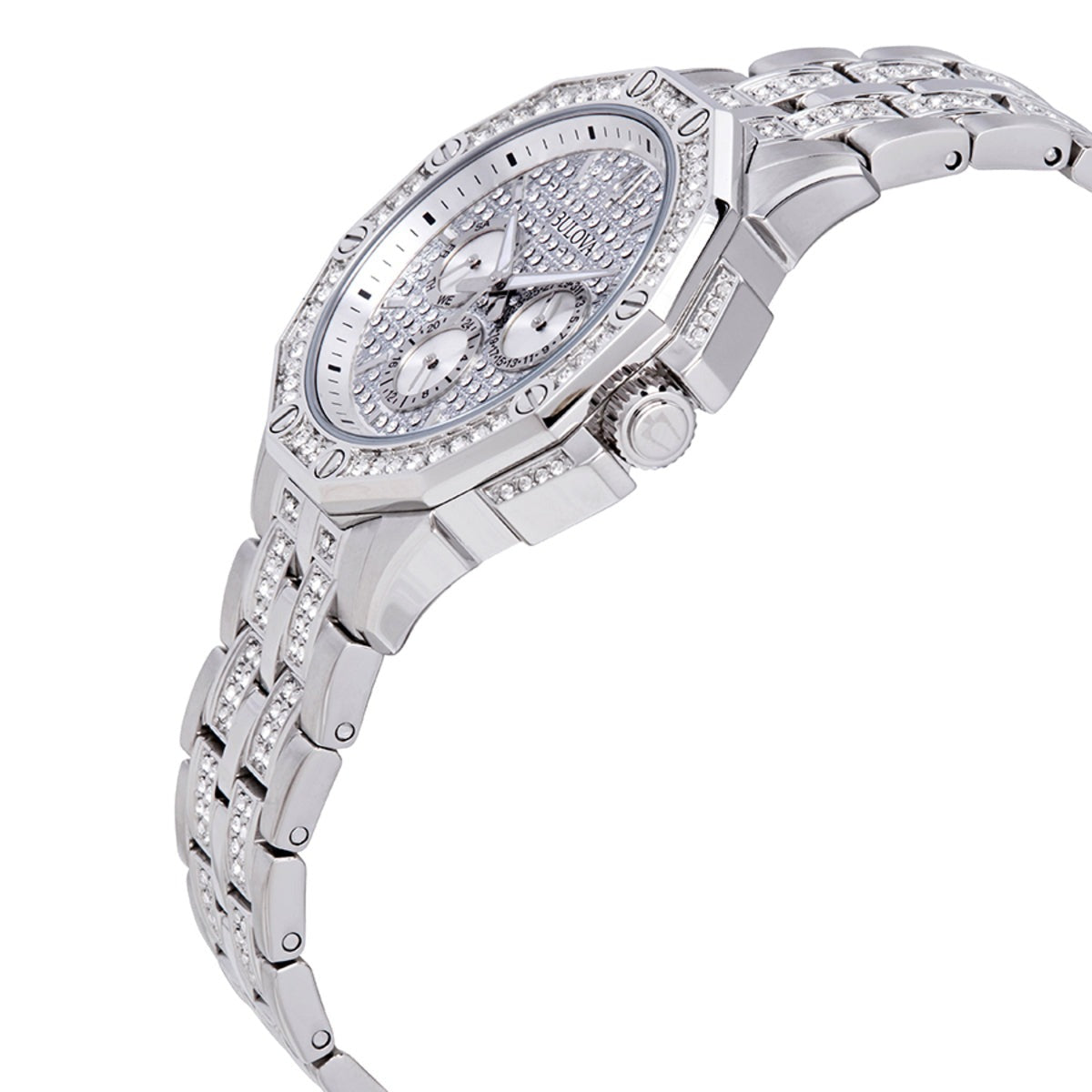  Shop Authentic Bulova Crystal Collection Pave Silver Dial with Crystals Silver Steel Strap Watch for Men - 96C134 - Luxxuri