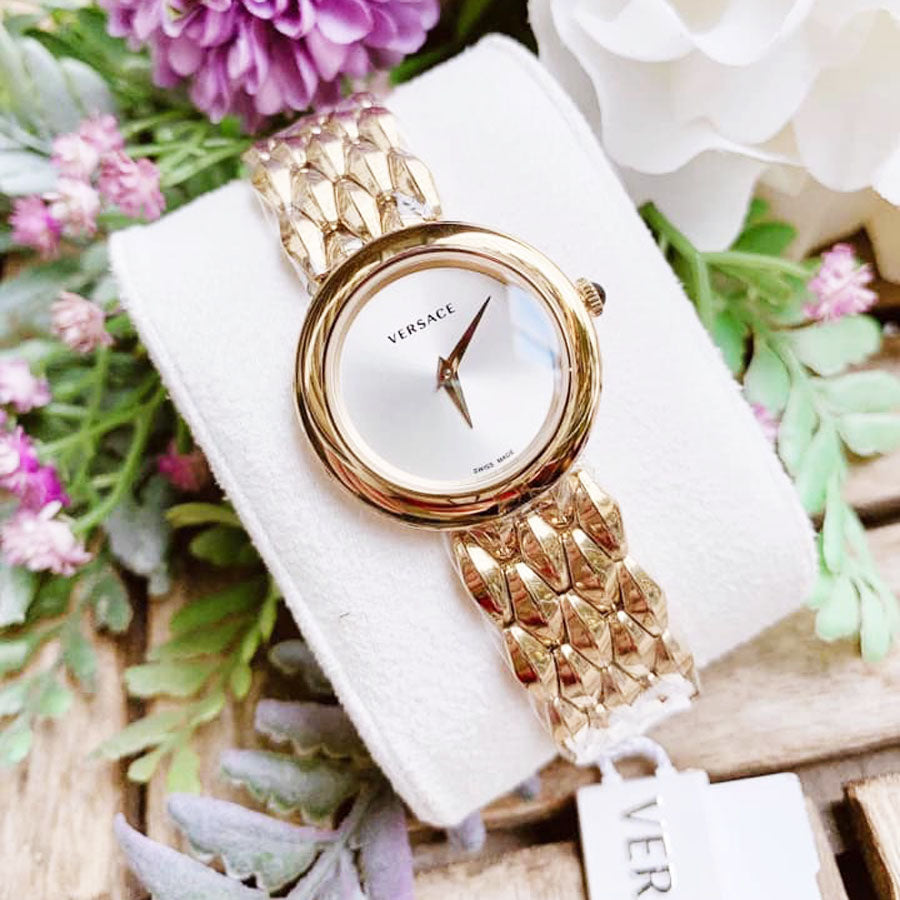  Shop Authentic Versace V-Flare Quartz Silver Dial Gold Steel Strap Watch for Women - VEBN00718 - Luxxuri